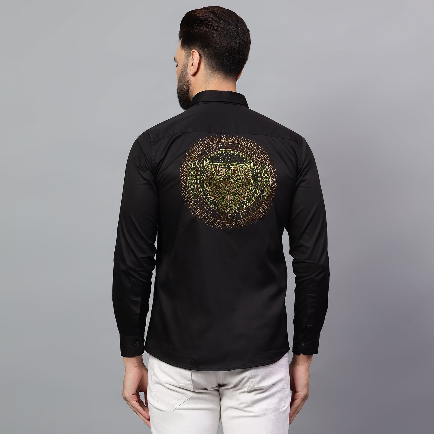 Men's Black Luxury Rhinestone Cotton Shirts