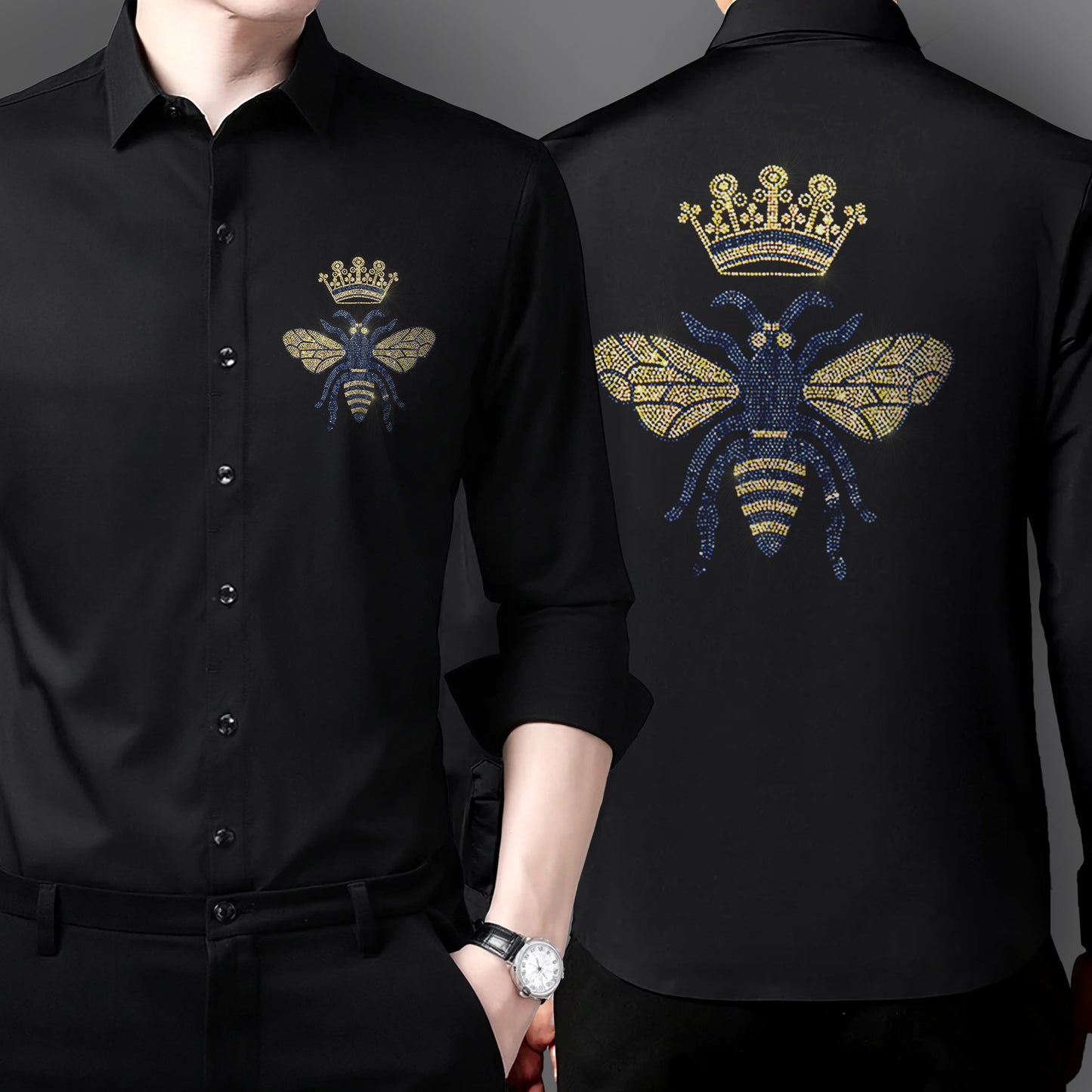 Men's Black Luxury Rhinestone Cotton Shirts