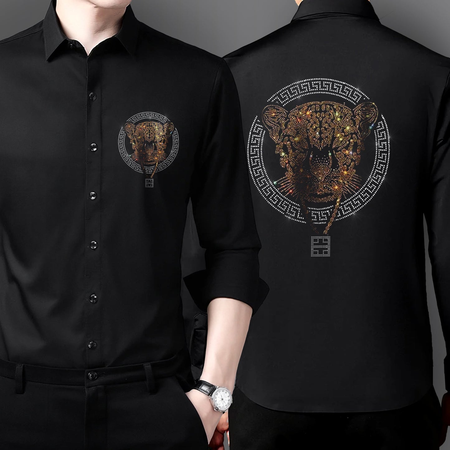 Men's Black Luxury Rhinestone Cotton Shirts