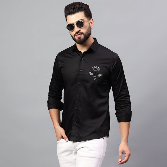 Men's Black Luxury Rhinestone Cotton Shirts