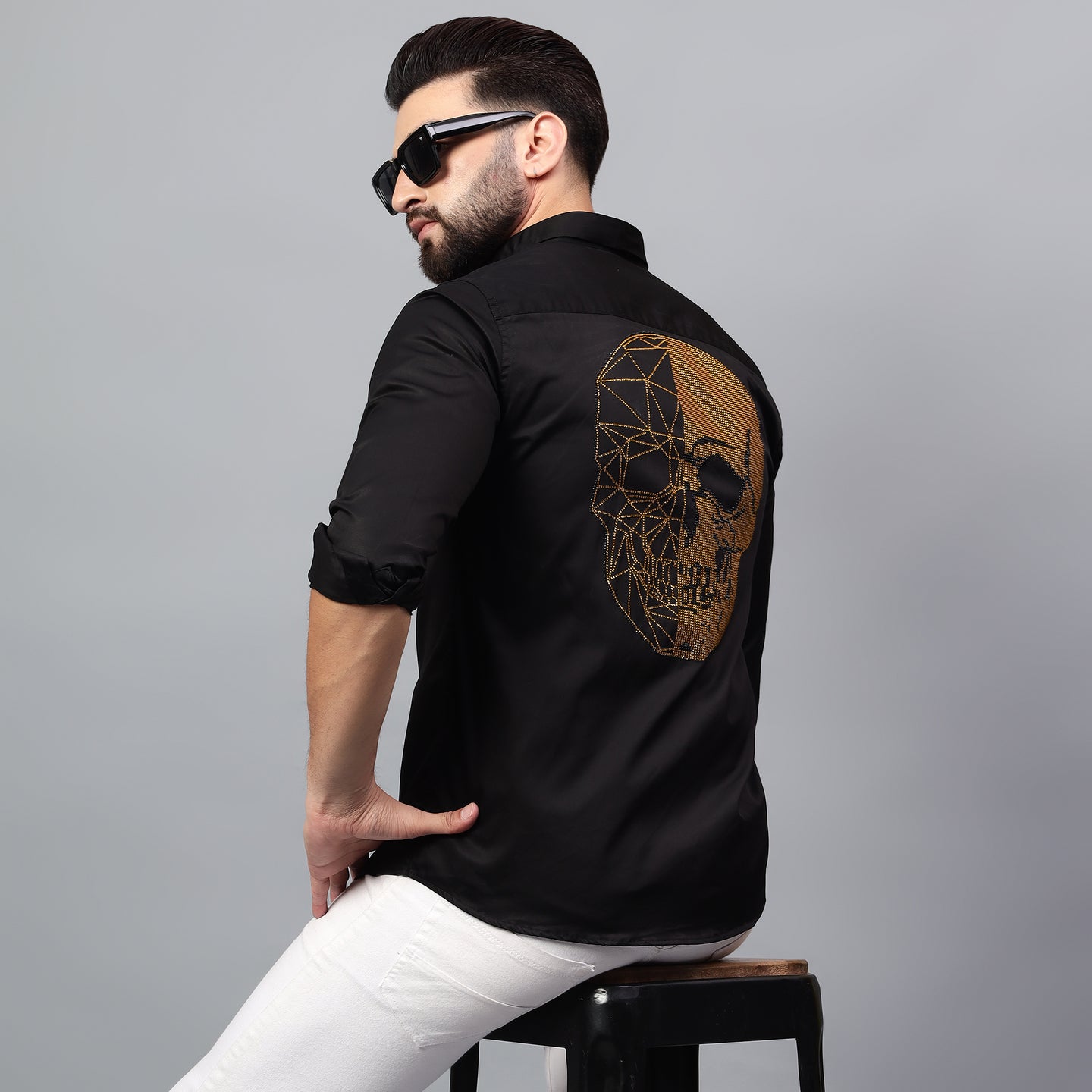 Men's Black Luxury Rhinestone Cotton Shirts