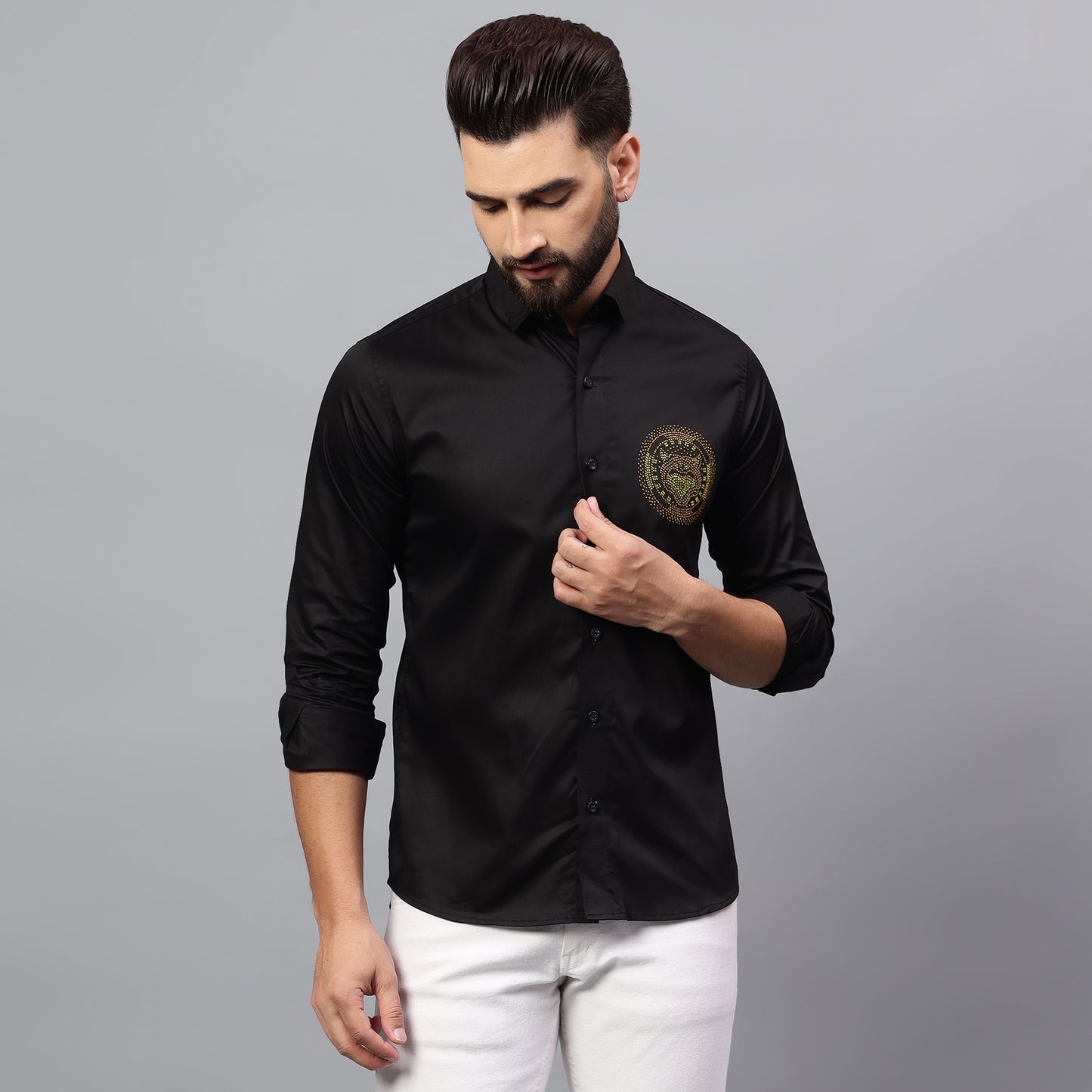 Men's Black Luxury Rhinestone Cotton Shirts