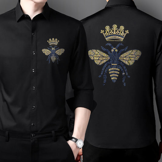 Men's Black Luxury Rhinestone Cotton Shirts